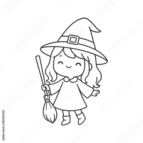 Cute cartoon little girl of witch is holding a broom and smiling happily