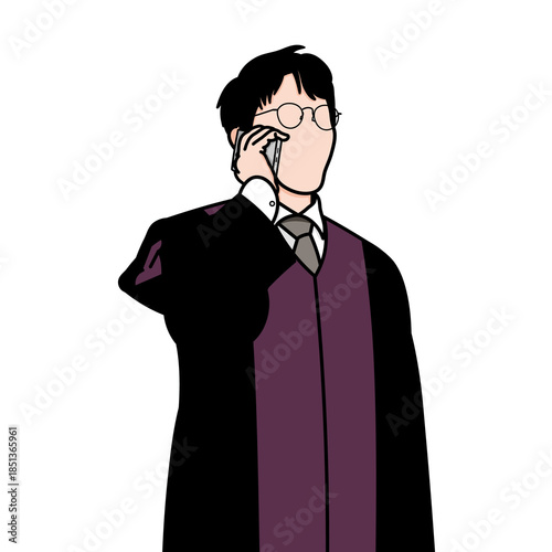 Vector illustration of a bespectacled prosecutor calling a colleague. The painting was inspired by a scene from a popular Korean drama.