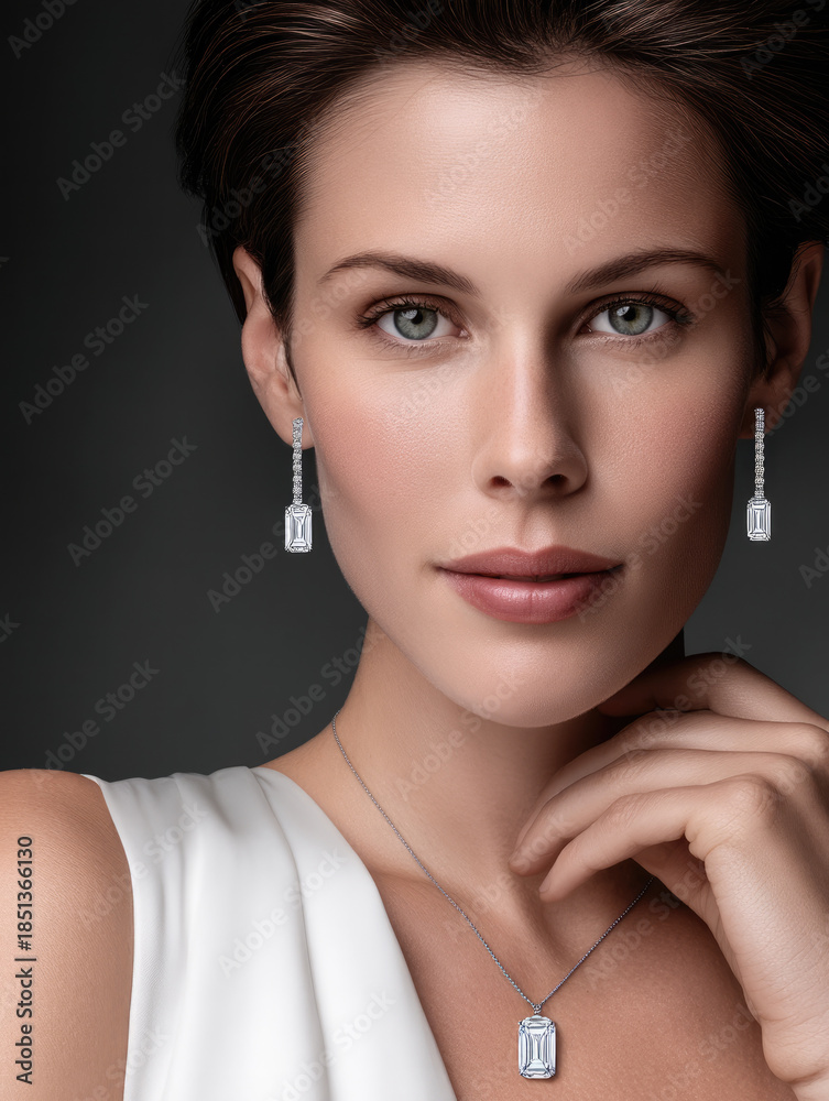 Obraz premium Elegant woman with short brown hair wearing diamond earring and pendant, white dress, confident expression, studio portrait
