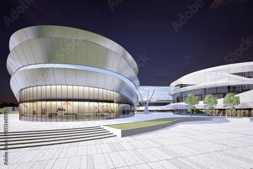 High-quality 3D render of modern building exteriors at night, cinematic lighting, realistic reflections, detailed architecture, moody atmosphere.