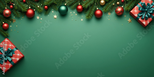 Christmas festive holiday gifts and ornaments on green background pine branches stars sparkle
