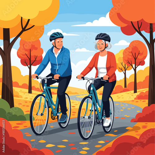 An elderly couple enjoying a leisurely bicycle ride through a park with vibrant autumn trees and fallen leaves.