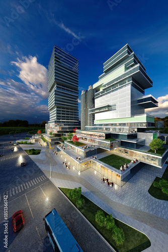 High-quality 3D render of modern building exteriors at night, cinematic lighting, realistic reflections, detailed architecture, moody atmosphere.