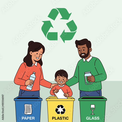 A family, including parents and a child, actively participates in sorting and recycling waste into designated bins for paper, plastic, and glass, under a prominent recycling symbol.