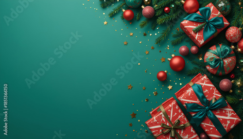 Christmas green background holiday decorations with festive gifts ornaments pine branches stars sparkle