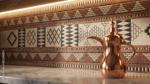 Traditional Saudi coffee pot Dallah on marble counter with Sadu tile backsplash