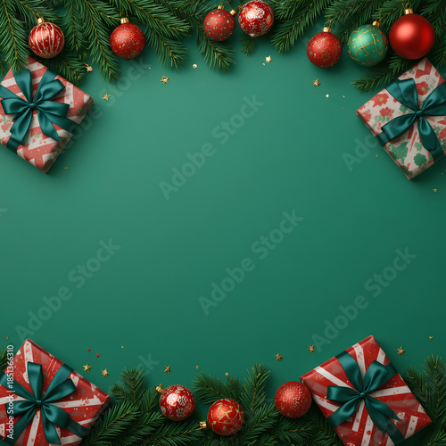 Christmas holiday green background with festive gifts decorations ornaments pine branches stars sparkle