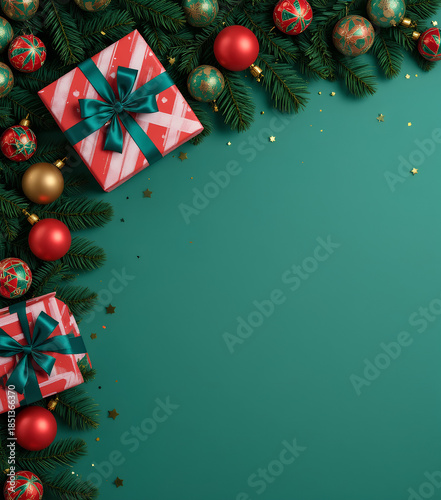 Christmas green background holiday scene with festive gifts ornaments pine branches stars sparkle
