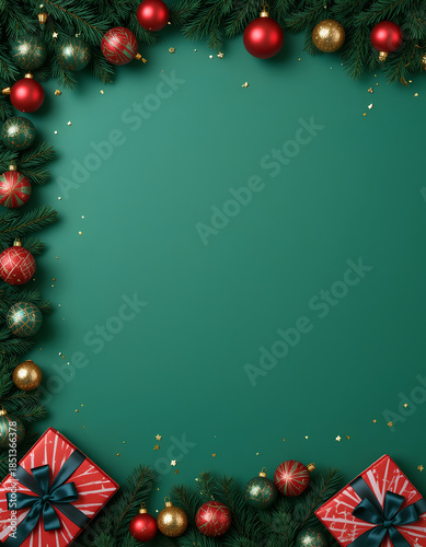 Christmas festive decorations and gifts on green background holiday ornaments pine branches stars sparkle