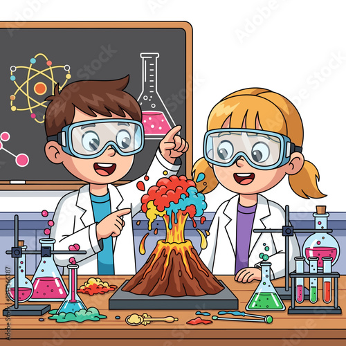 Two happy children in lab coats and safety goggles conducting a colorful volcano science experiment in a classroom setting.