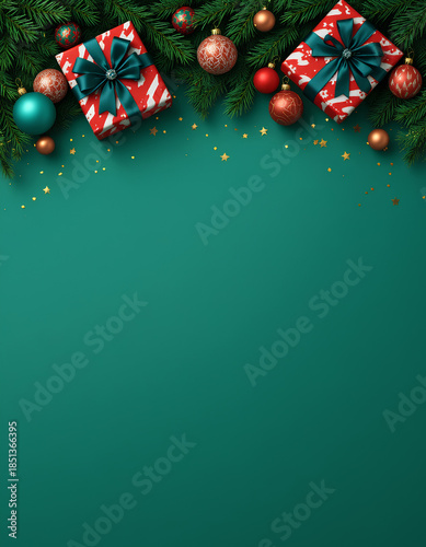 Christmas holiday green background with festive decorations gifts ornaments pine branches stars sparkle