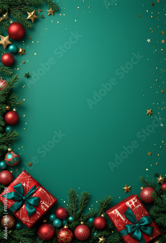 Christmas festive holiday green background with gifts ornaments pine branches and stars sparkle