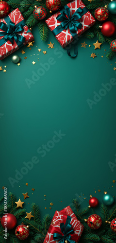 Christmas presents and ornaments on festive green background holiday decorations pine branches stars sparkle