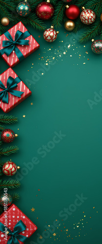 Christmas green background with festive gifts ornaments holiday decorations pine branches stars sparkle