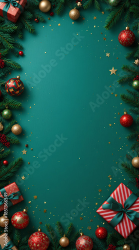 Christmas holiday festive green background with presents ornaments pine branches and stars sparkle