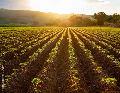 rows of sweet potatoes grow in fertile soil under warm sunlight