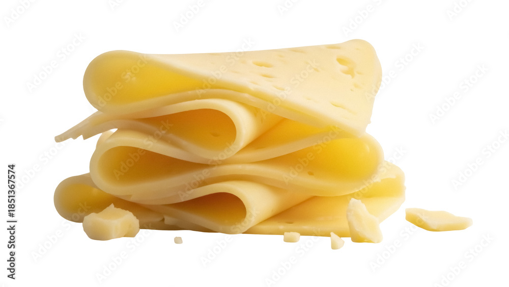 Obraz premium Swiss cheese slices isolated PNG on transparent background, delicious dairy product for sandwiches and cooking
