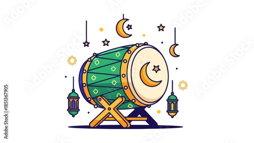 Vibrant cultural drum with celestial moon and star motifs surrounded by