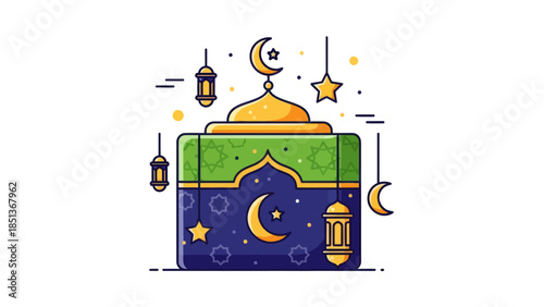Colorful Islamic architectural structure with crescent moons and lanterns on a