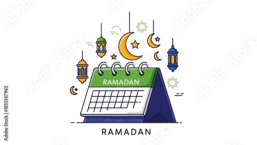 Ramadan Holdiay Calendar with Crescent Moons Lanterns and Stars