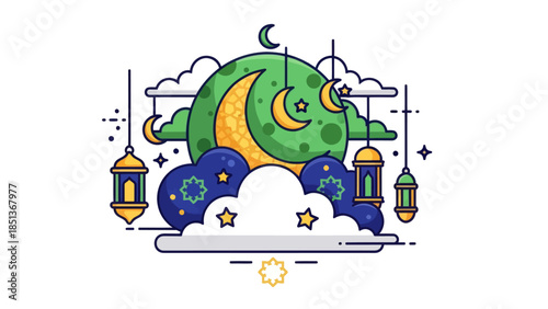 Whimsical Moon and Starry Night Cloudscape with Hanging Lanterns and Crescent