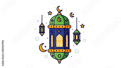 Intricate Islamic Lantern with Crescent Moons and Star Decorations for Ramadan
