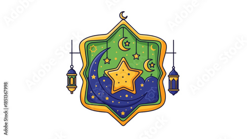 Decorative Islamic Moon and Star Pendant with Hanging Lanterns for Ramadan