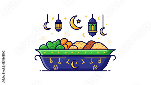 Decorative Bowl Filled with Traditional Moroccan Pastries and Hanging Lanterns
