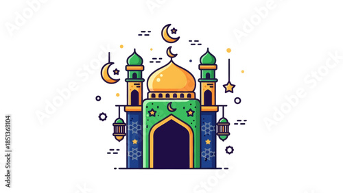 Colorful Islamic Mosque Illustration with Crescent Moons and Stars