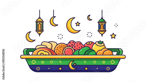 Colorful Islamic Holy Month Fruits and Lanterns in a Decorative Tray