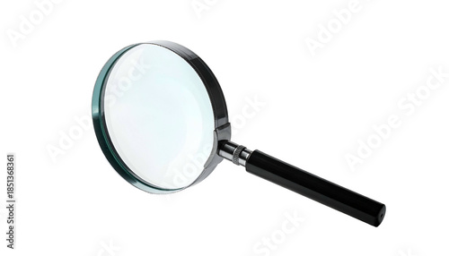 A large magnifying glass with a black handle, angled and isolated on a black background