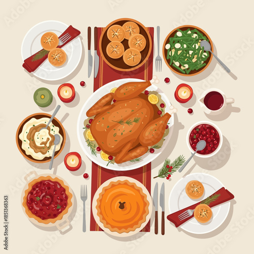 Festive Thanksgiving Meal with Roast Turkey and Classic Side Dishes for Celebrations