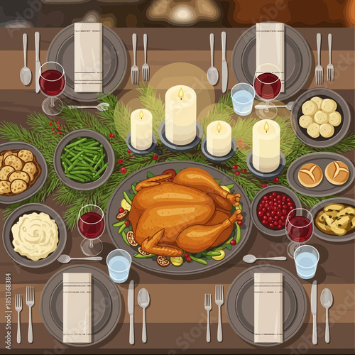 Thanksgiving dinner table spread with roasted turkey and side dishes for family celebration
