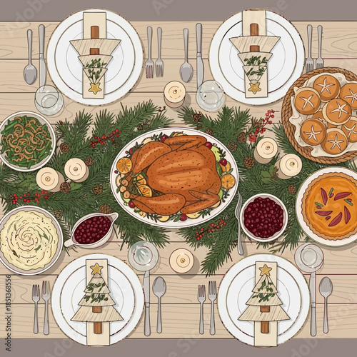Festive Christmas Dinner Table Setting with Roasted turkey and holiday decorations