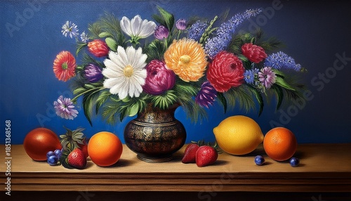 a still life painting featuring flowers and fruit on a table