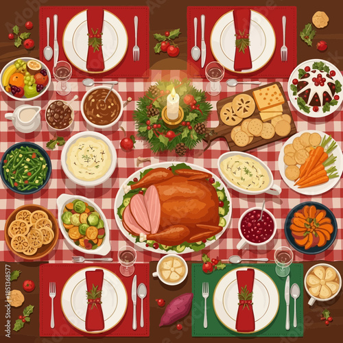 Festive Christmas Dinner Table Set with Traditional Dishes and Decor