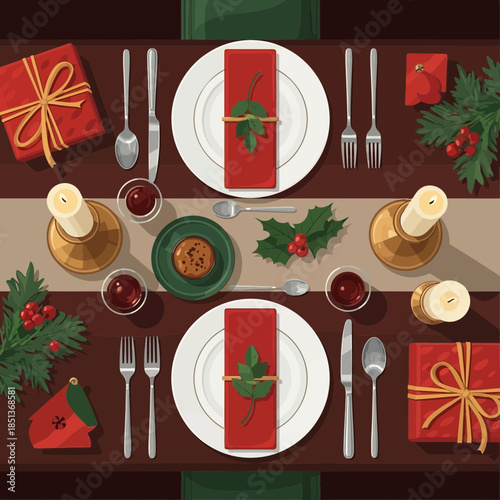 Festive Christmas Dinner Table Setup with Gifts Candles and Holly Decorations for Celebrations