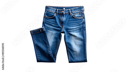Denim jeans isolated on black, folded and slightly distressed, with visible stitching
