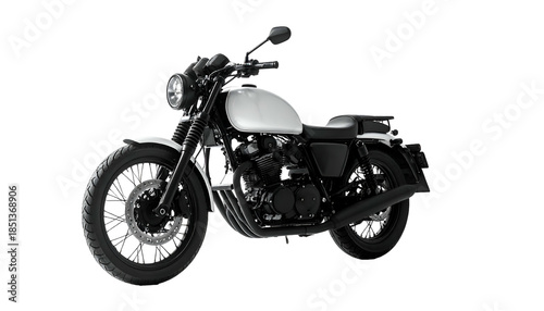 White and black motorcycle against black background, side view, modern design