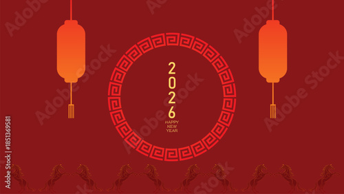 Modern Flat Lunar New Year China Background with Deep Red and Gold Lantern Horse Ornament Circular Geometry Frame and Vertical 2026 Typography for Holiday Banner and Digital Wallpaper