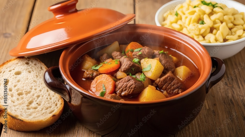 Fototapeta premium Hearty beef stew in a brown ceramic pot with sliced bread and macaroni on a wooden table