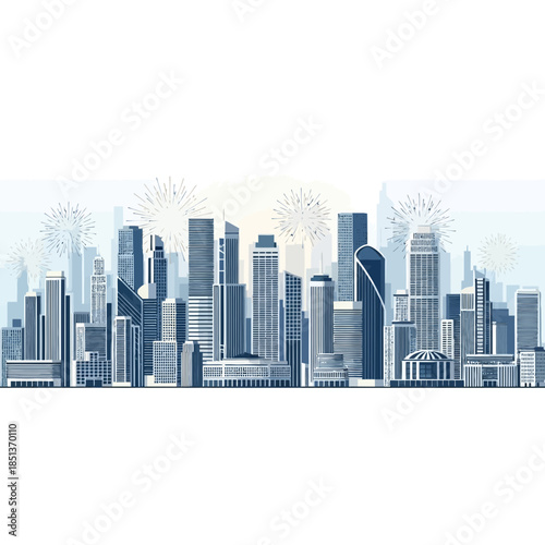 illustration of modern city skyline with tall skyscrapers and lively urban environment