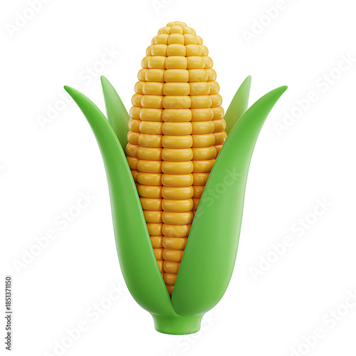 Yellow Ear of Corn 3D Render with Green Husk White Isolated on transparent background, png