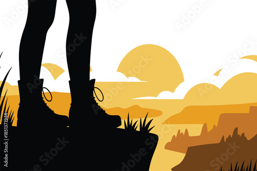 Hiker's Boots on Cliff Edge at Sunset, freedom concept