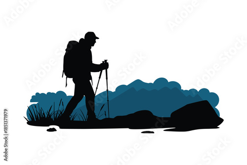Silhouette of a Hiker on a Mountain Trail, hiking concept