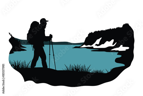 Hiker by the Lake Silhouette, outdoor lifestyle concept