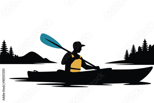 Silhouette of a Person Kayaking in Nature, eco tourism concept