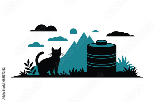 Minimalist Silhouette of Cat, Mountains, and Storage Tank, rural life concept