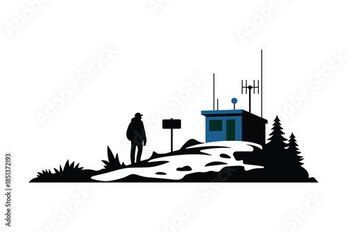 Hiker at a Remote Mountain Outpost with Communication Station, exploration concept
