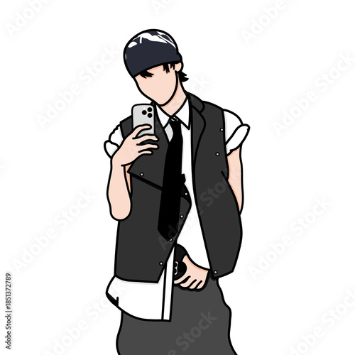Vector illustration Korean K-pop idol. A male K-pop idol is posing in the mirror while showing off his concert outfit.